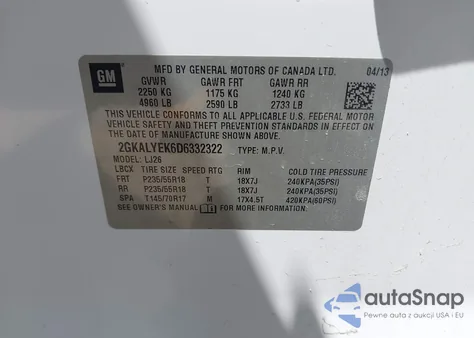 2013 GMC Terrain Denali z USA, uszkodzony, nr VIN 2GKALYEK6D6332322